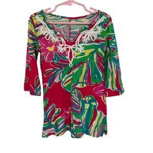 Lilly Pulitzer Jungle Tumble Shel Palm Print Red Tunic Cotton Dress XS 2-3Y